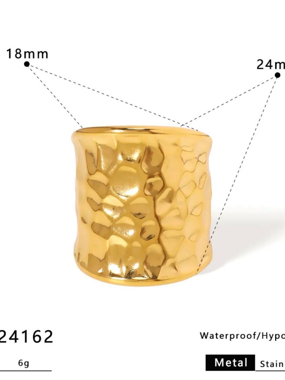 18k gold plated hammered wide adjustable ring for women